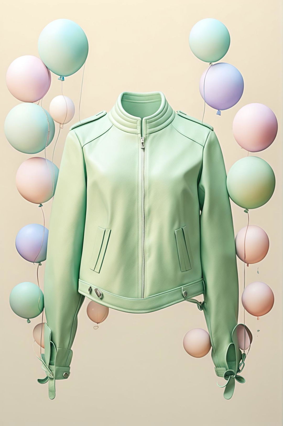 This digital art image features a pastel mint green leather jacket, adorned with a balloon print in various pastel shades