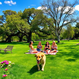 A bright and cheerful park scene, showcasing a vibrant green lawn dotted with colorful flowers in full bloom