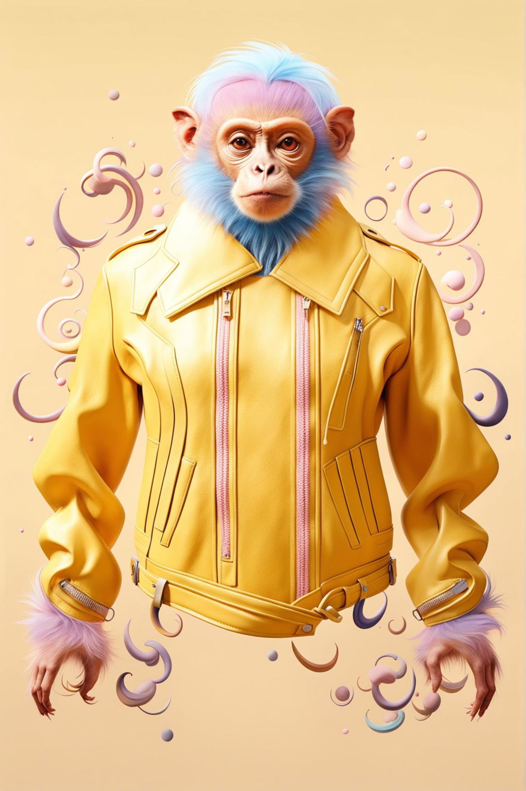 This digital art image features a pastel yellow leather jacket, adorned with a playful monkey print in various pastel shades