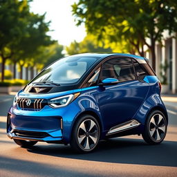 A beautiful and compact car design featuring a sleek aerodynamic shape, elegant curves, and a vibrant color palette that includes deep blue and silver accents