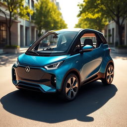 A beautiful and compact car design featuring a sleek aerodynamic shape, elegant curves, and a vibrant color palette that includes deep blue and silver accents