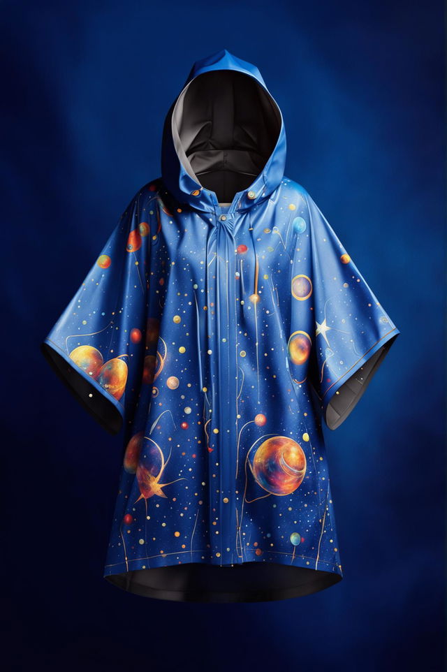 This digital art image features a graphic rain poncho in midnight blue, adorned with a detailed space print