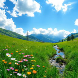 A serene and peaceful landscape depicting a lush green meadow under a bright blue sky with fluffy white clouds