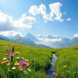 A serene and peaceful landscape depicting a lush green meadow under a bright blue sky with fluffy white clouds