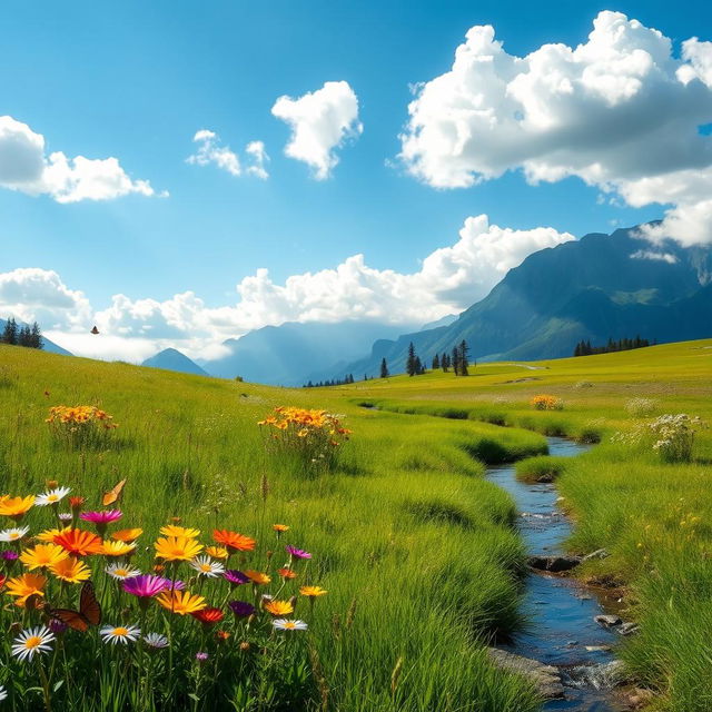 A serene and peaceful landscape depicting a lush green meadow under a bright blue sky with fluffy white clouds