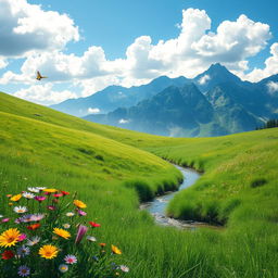 A serene and peaceful landscape depicting a lush green meadow under a bright blue sky with fluffy white clouds