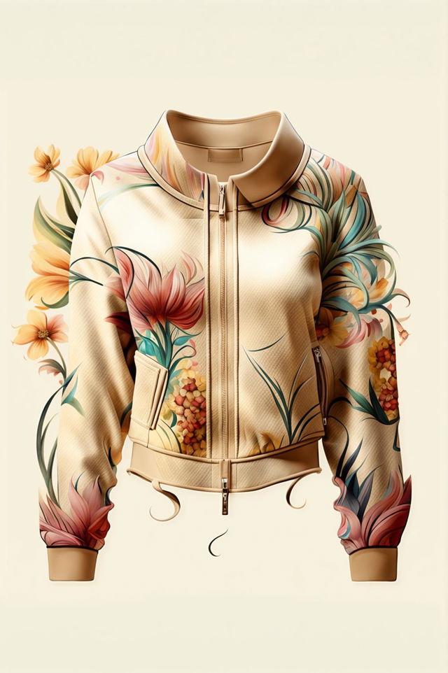 This digital art image features a beige, cropped jacket adorned with a vibrant floral print