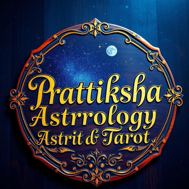 A beautiful, intricate wooden board featuring the names 'Pratiksha Astrology and Tarot' carved elegantly