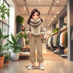 A large and beautiful cartoon model wearing loose basic pants, an oversized knitted sweater, and sporty shoes, while draped in a big wool scarf