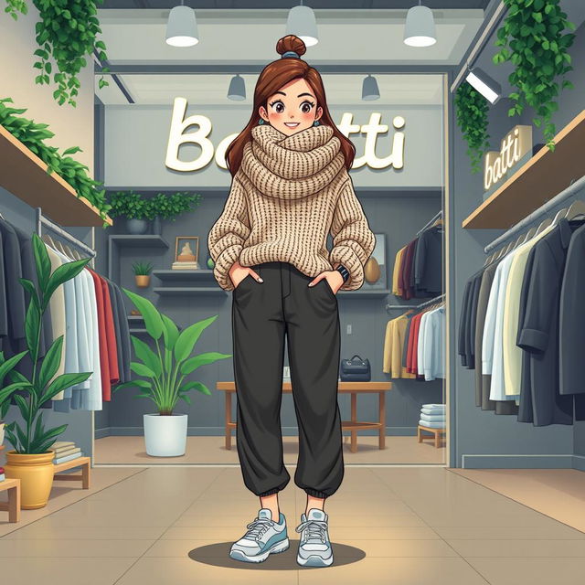 A large and beautiful cartoon model wearing loose basic pants, an oversized knitted sweater, and sporty shoes, while draped in a big wool scarf