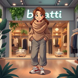 A large and beautiful cartoon model wearing loose basic pants, an oversized knitted sweater, and sporty shoes, while draped in a big wool scarf