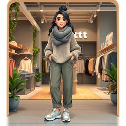 A large and beautiful cartoon model wearing loose basic pants, an oversized knitted sweater, and sporty shoes, while draped in a big wool scarf