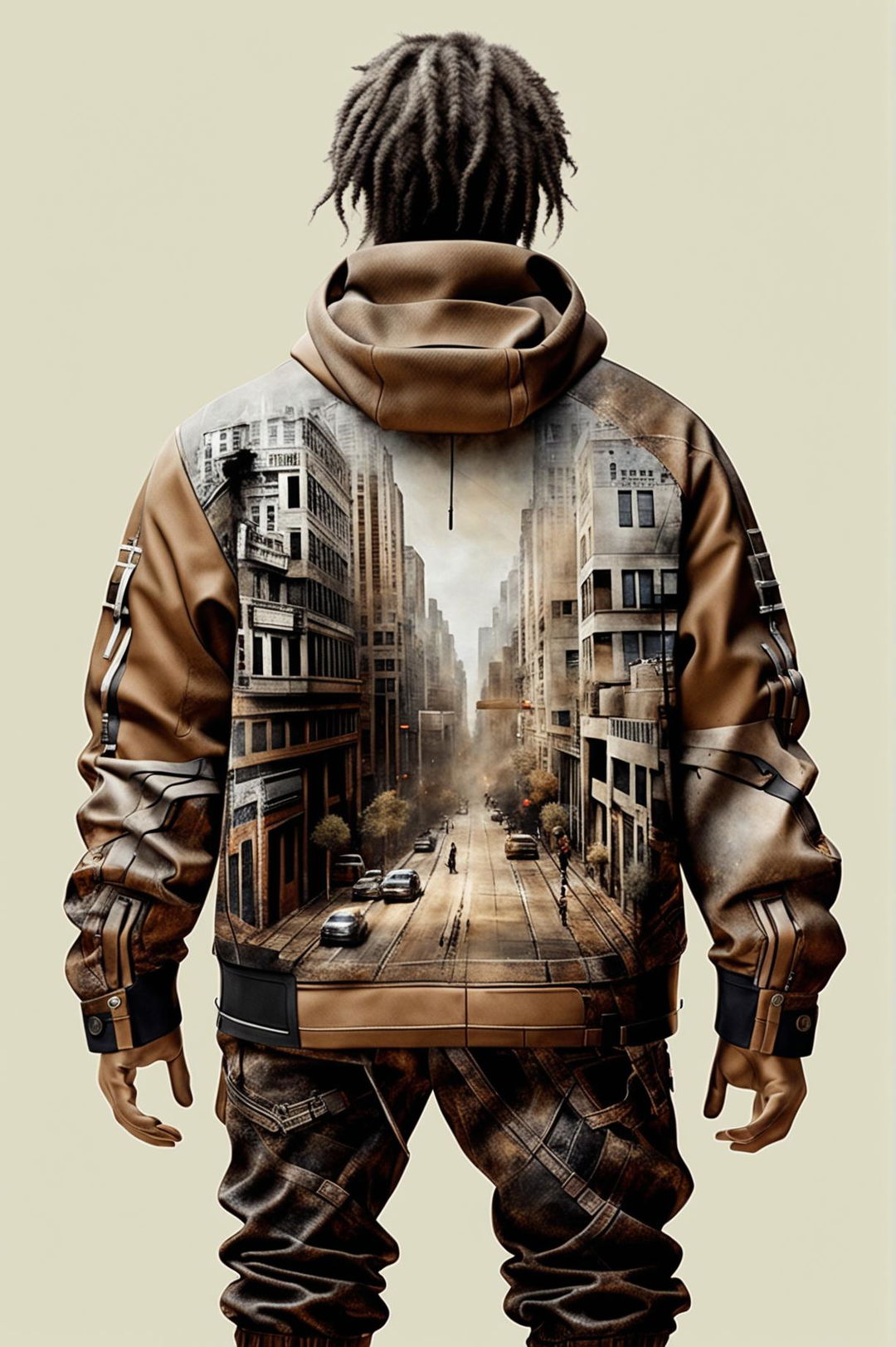 This digital art image features a Yeezy graphic jacket in earthy brown, adorned with a dystopia print on the back