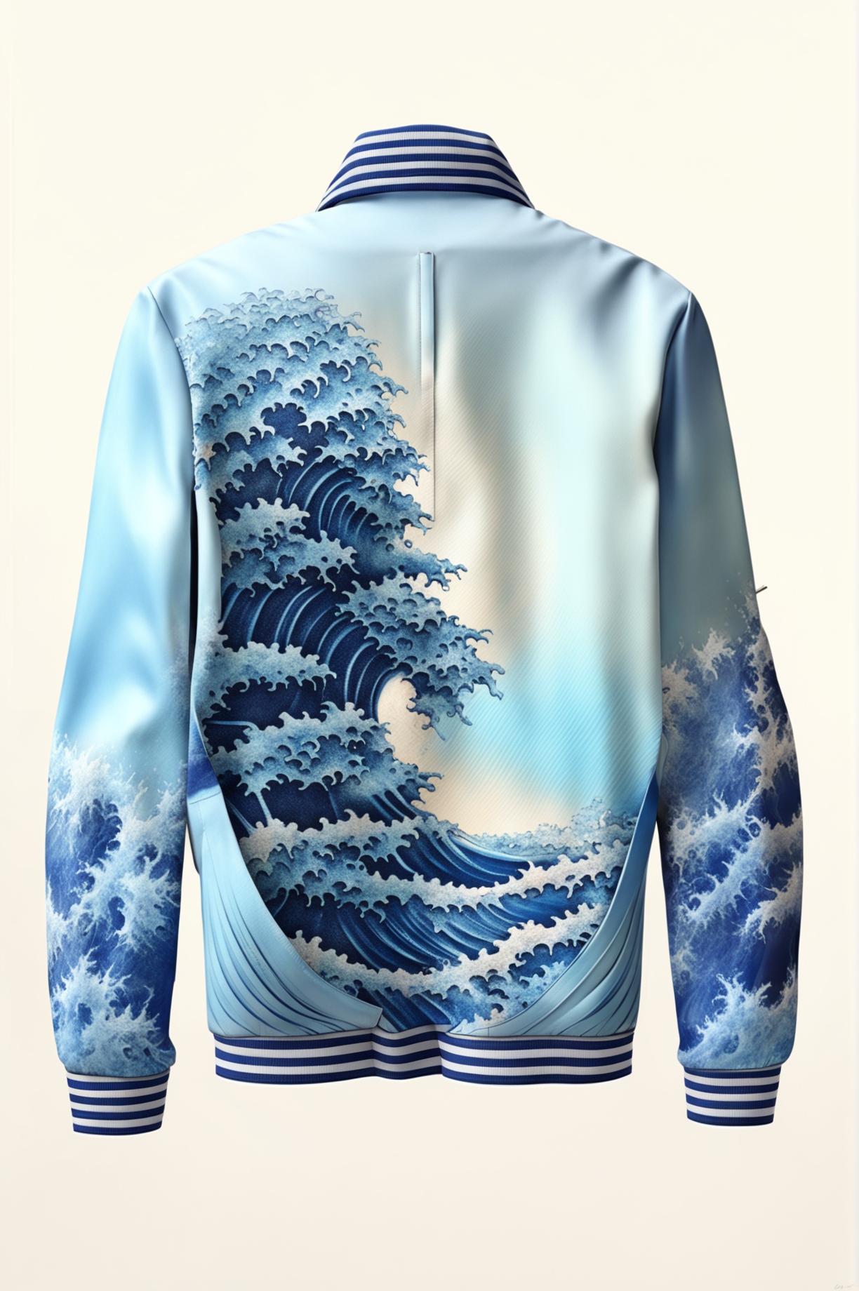 This digital art image features a pastel blue graphic jacket, adorned with a serene ocean print on the back