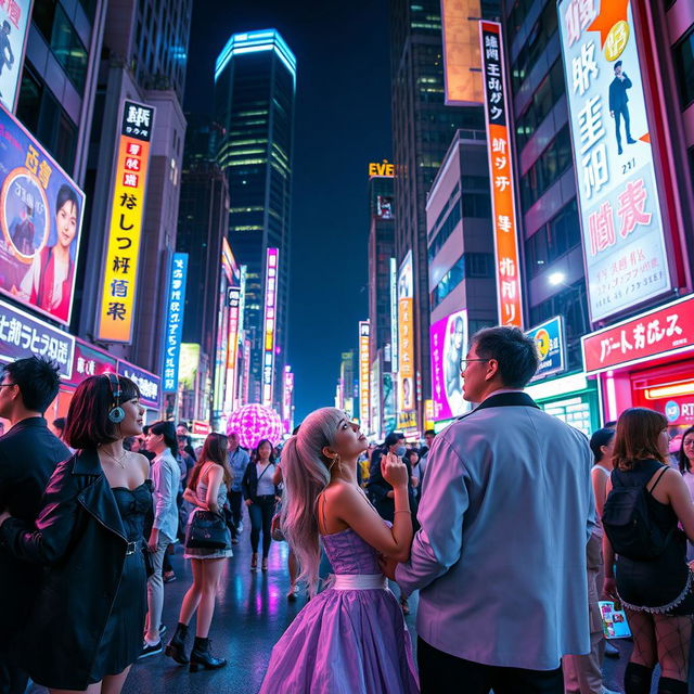 A vibrant scene of futuristic nightlife in Shinjuku, Japan, showcasing an eclectic mix of fashion and beauty