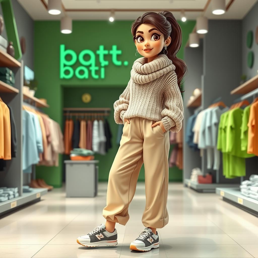 A beautiful, large cartoon model wearing loose beige pants, a loose knitted sweater, sporty shoes, and a big woolen scarf