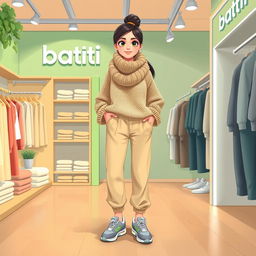 A beautiful, large cartoon model wearing loose beige pants, a loose knitted sweater, sporty shoes, and a big woolen scarf
