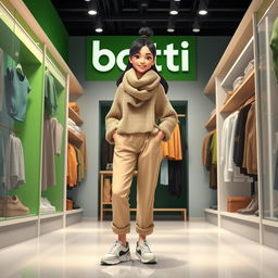 A beautiful, large cartoon model wearing loose beige pants, a loose knitted sweater, sporty shoes, and a big woolen scarf