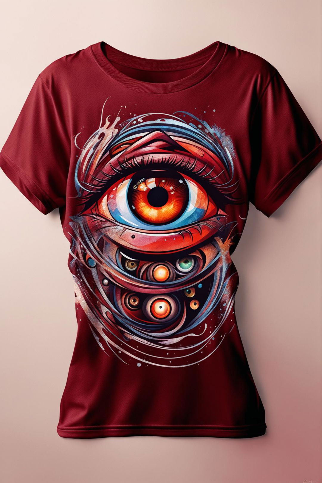 High-quality digital art image featuring a burgundy graphic tee adorned with a detailed, realistic design of a pair of eyes