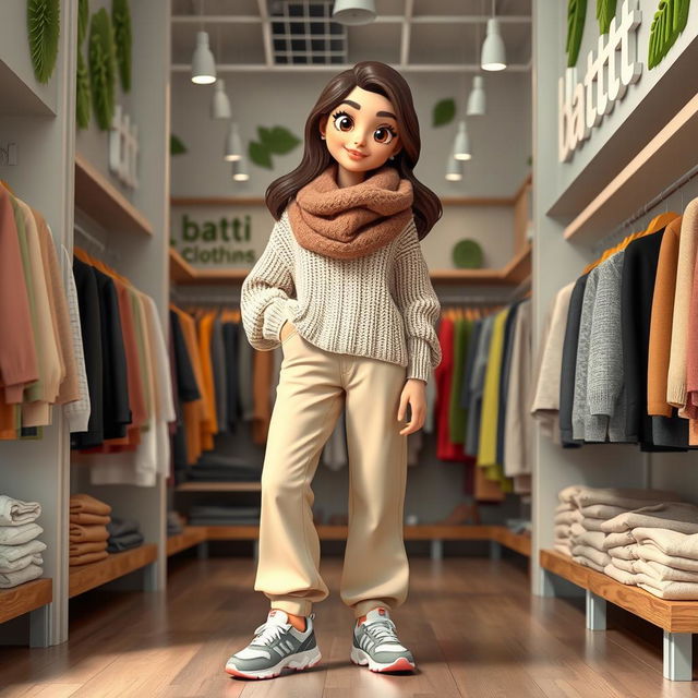 A beautiful, large cartoon model wearing loose beige pants, a loose knitted sweater, sporty shoes, and a big woolen scarf