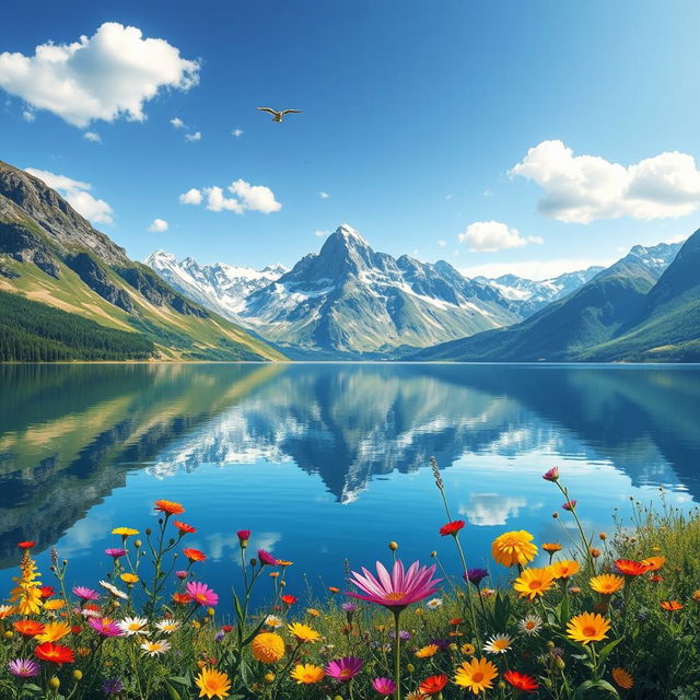 A beautifully detailed and vibrant landscape featuring a serene lake surrounded by majestic mountains under a clear blue sky