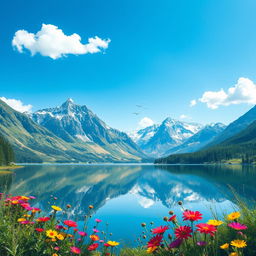 A beautifully detailed and vibrant landscape featuring a serene lake surrounded by majestic mountains under a clear blue sky