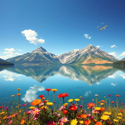 A beautifully detailed and vibrant landscape featuring a serene lake surrounded by majestic mountains under a clear blue sky