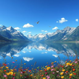 A beautifully detailed and vibrant landscape featuring a serene lake surrounded by majestic mountains under a clear blue sky