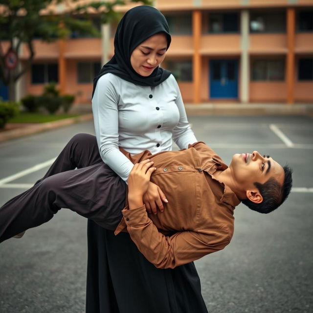 A woman wearing a black hijab, a tight white batik long-sleeved button-up shirt, and a long black skirt is carrying the body of a man across a schoolyard