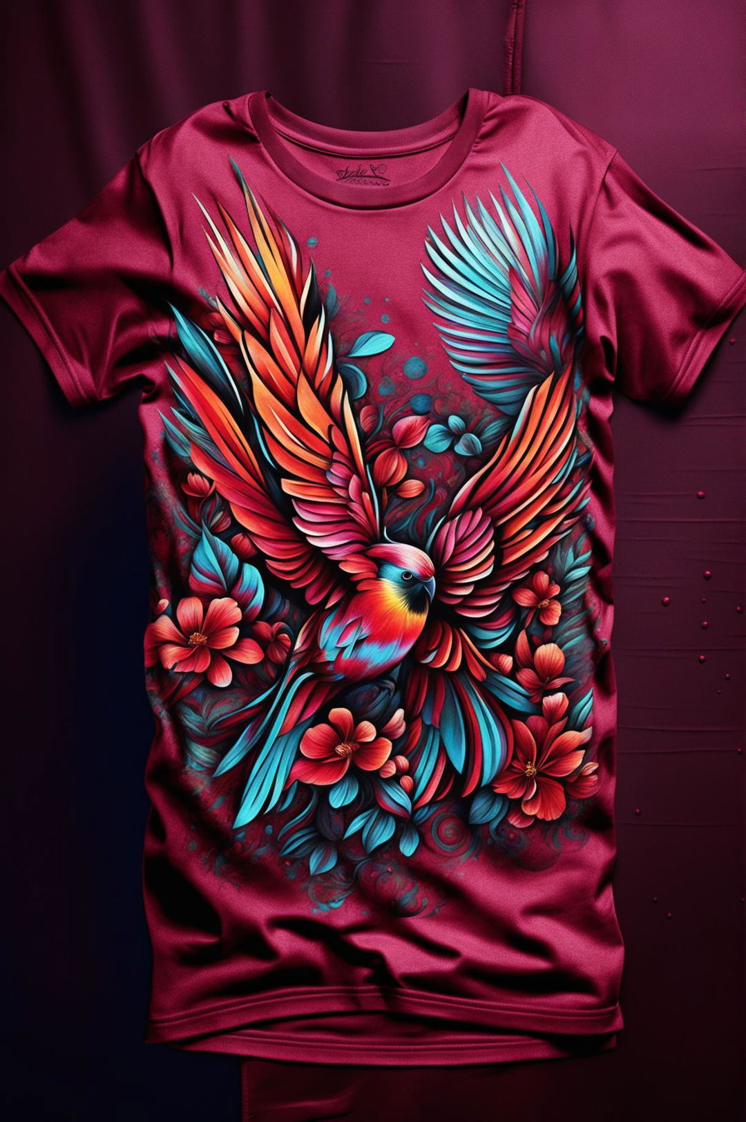 A high-quality digital art image featuring a burgundy graphic tee with a detailed design of vibrant Birds of Paradise