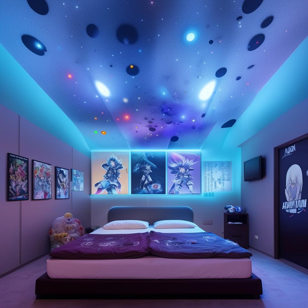 A vibrant room featuring a double bed, a ceiling imitating the moon surface lit with LEDs, dedicated space displaying action figures, a wall adorned with anime posters, in a fresh color scheme.