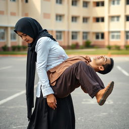 A woman wearing a black hijab, a tight white batik long-sleeved button-up shirt, and a long black skirt is carrying the body of a man across a schoolyard
