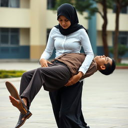 A woman wearing a black hijab, a tight white batik long-sleeved button-up shirt, and a long black skirt is carrying the body of a man across a schoolyard