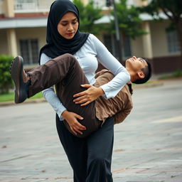 A woman wearing a black hijab, a tight white batik long-sleeved button-up shirt, and a long black skirt is carrying the body of a man across a schoolyard