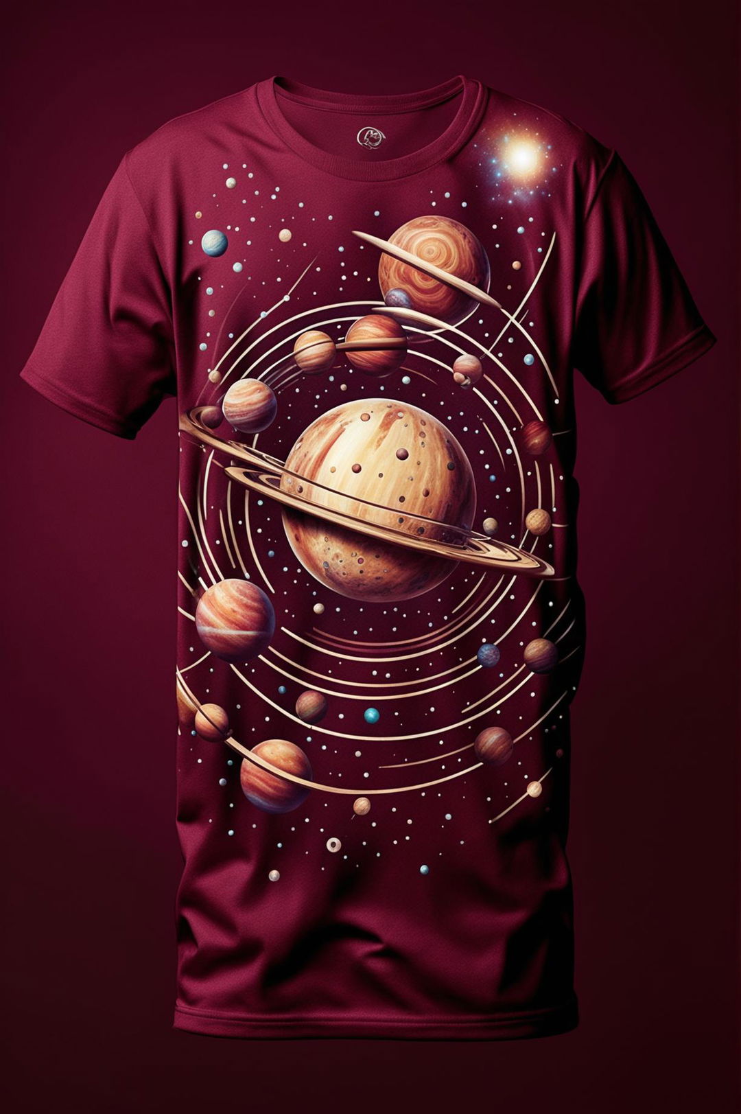 A high-quality digital art image showcasing a burgundy graphic tee with a detailed, vivid design of a space odyssey