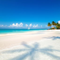 A crystal clear and vivid image of a tranquil beach scene, showcasing soft white sands and gentle turquoise waves lapping at the shore