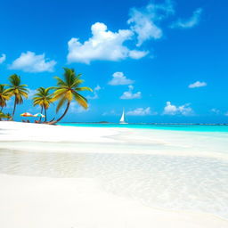 A crystal clear and vivid image of a tranquil beach scene, showcasing soft white sands and gentle turquoise waves lapping at the shore