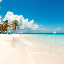 A crystal clear and vivid image of a tranquil beach scene, showcasing soft white sands and gentle turquoise waves lapping at the shore