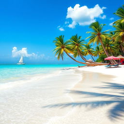 A crystal clear and vivid image of a tranquil beach scene, showcasing soft white sands and gentle turquoise waves lapping at the shore