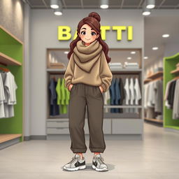 A beautiful, large cartoon model wearing loose basic pants, a loose sweater, sporty shoes, and a big wool scarf