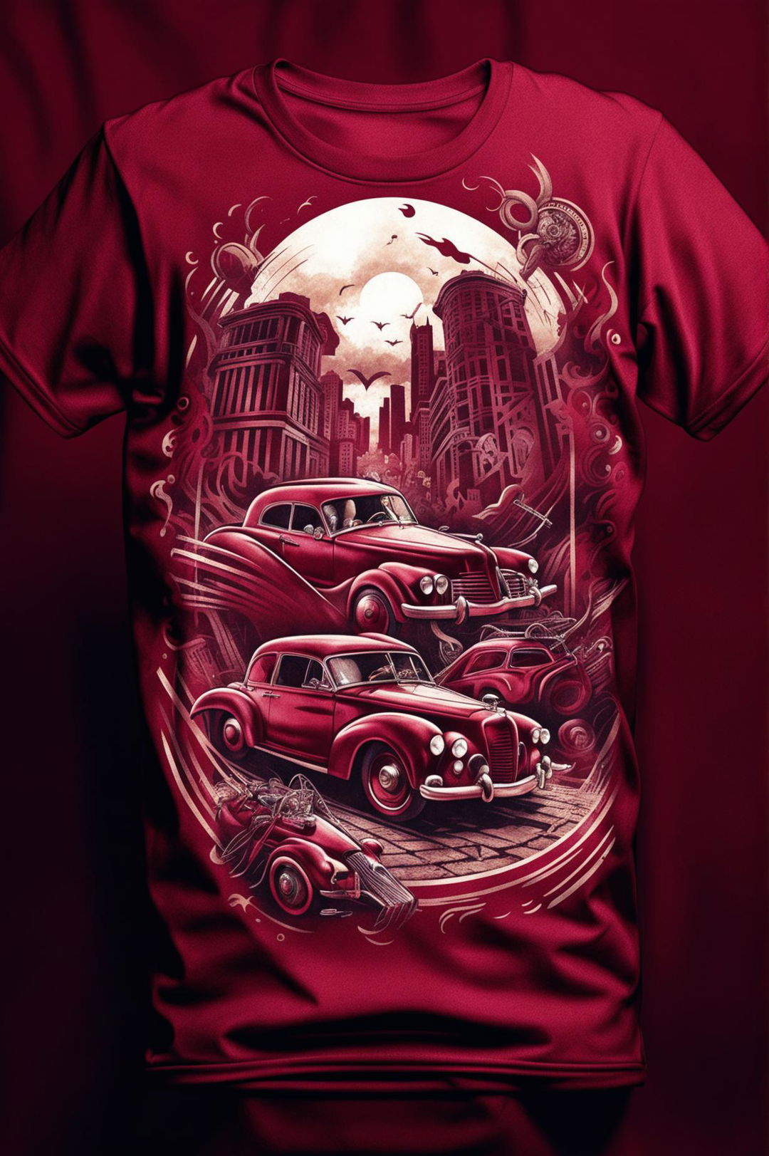 A high-quality digital art image displaying a burgundy graphic tee with a detailed design depicting a 'gangster paradise'