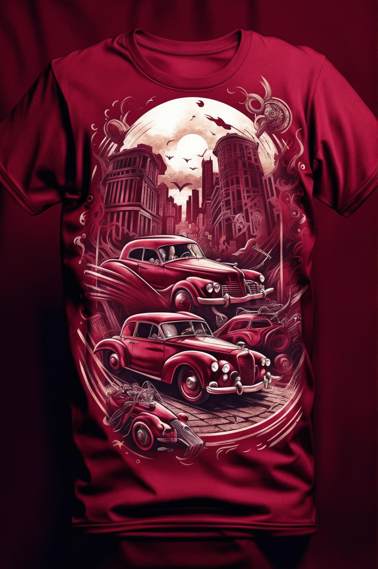 A high-quality digital art image displaying a burgundy graphic tee with a detailed design depicting a 'gangster paradise'