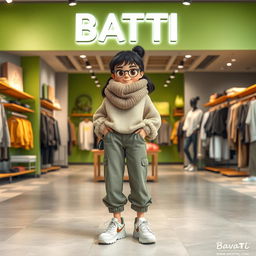 A beautiful, large cartoon model wearing loose basic pants, a loose sweater, sporty shoes, and a big wool scarf