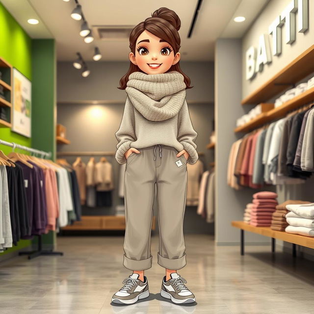 A beautiful, large cartoon model wearing loose basic pants, a loose sweater, sporty shoes, and a big wool scarf