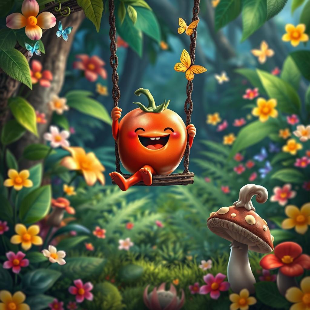 A whimsical tomato creature joyfully playing on a swing in a vibrant tropical forest