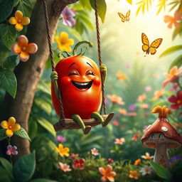 A whimsical tomato creature joyfully playing on a swing in a vibrant tropical forest