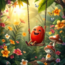 A whimsical tomato creature joyfully playing on a swing in a vibrant tropical forest