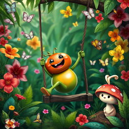 A whimsical tomato creature joyfully playing on a swing in a vibrant tropical forest