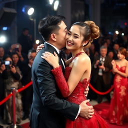 A glamorous scene of a Chinese man in an elegant black suit hugging and kissing a young woman on a red carpet