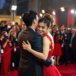 A glamorous scene of a Chinese man in an elegant black suit hugging and kissing a young woman on a red carpet